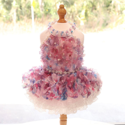 Handmade Pastel Floral Pet Dress with Pearl Collar & Lace Tutu - Party Outfit