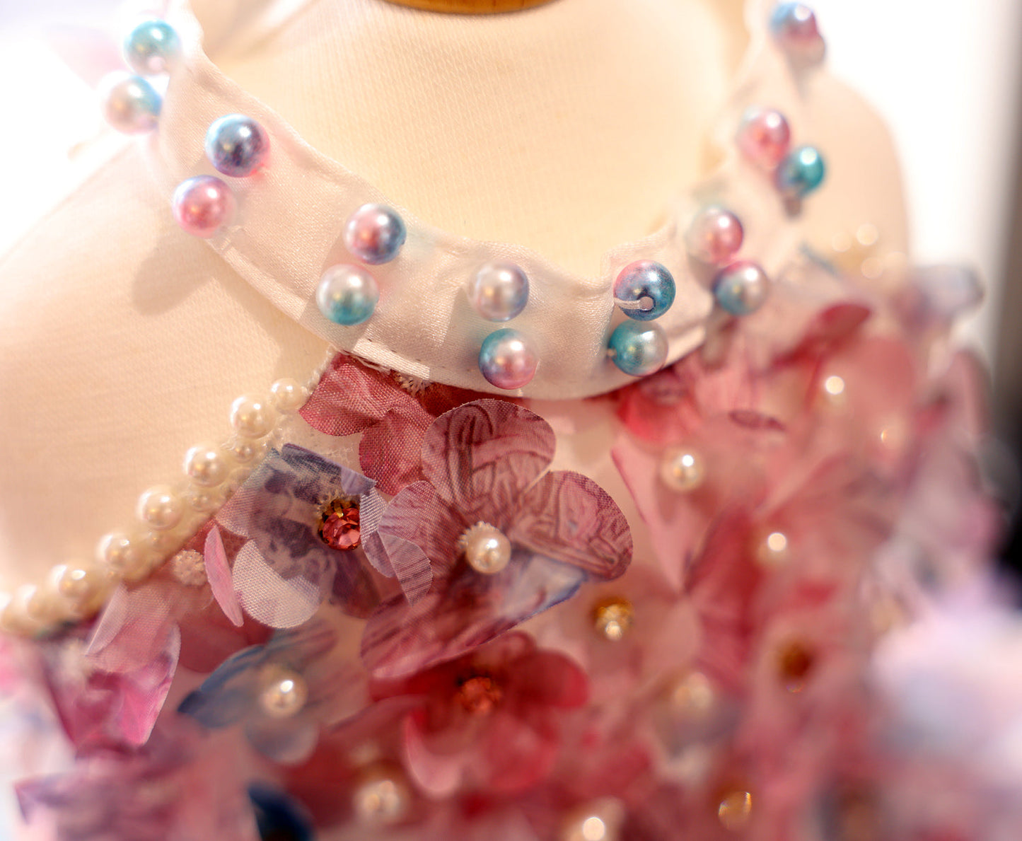 Handmade Pastel Floral Pet Dress with Pearl Collar & Lace Tutu - Party Outfit