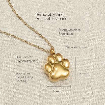 Paw Print - Cremation Necklace for Dog & Pet Ashes - Gold