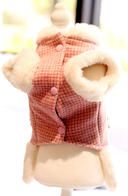 Pink Tweed Pearl Dog Coat Vest with Faux Fur Trim