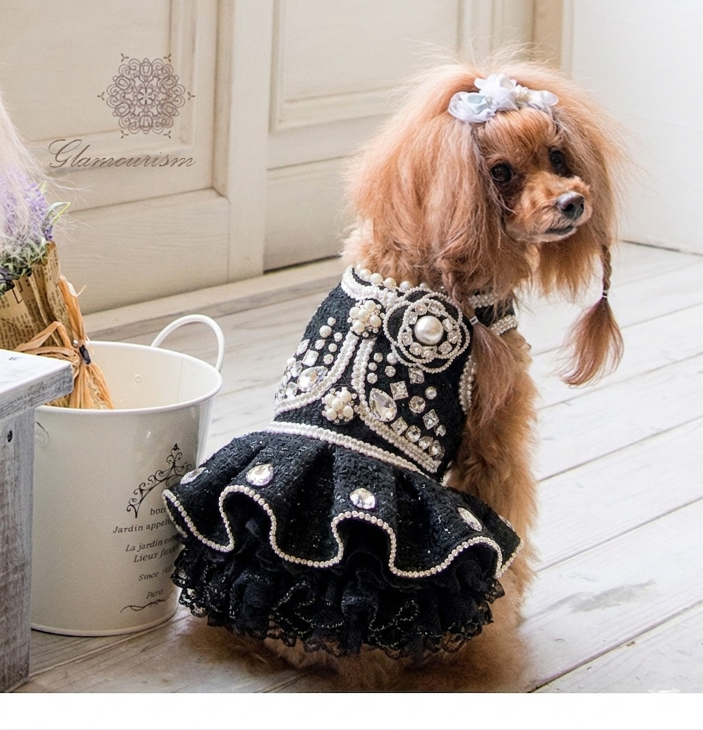 Pet Dress Black Tweed with Pearl Trim & Rhinestone Flower - Tutu Skirt