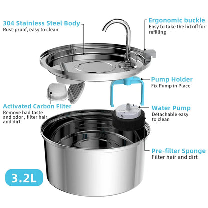 7L Large Capacity Stainless Steel Cat Water Fountain Dog Pet Automatic Water Feeder
