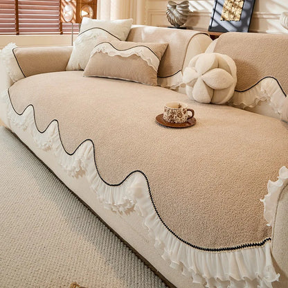 All-Season Use Elegant Pet-Friendly Sofa Cover with Ruffled Edges Non-Slip Ideal for Home, Office, and Living Room Decor