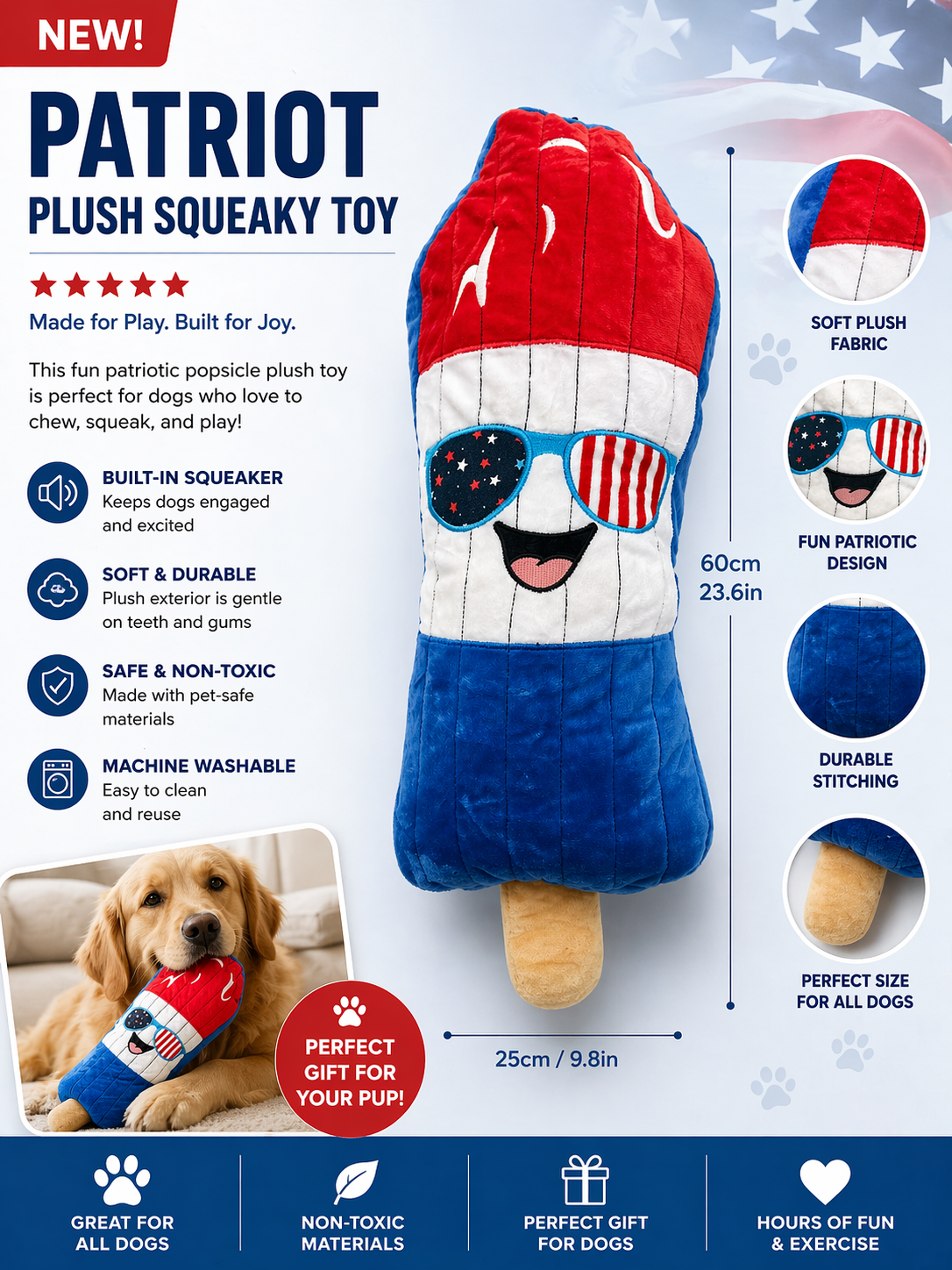 Large Patriotic Squeaky Crinkle Dog Toy | 60cm Plush Pillow Toy