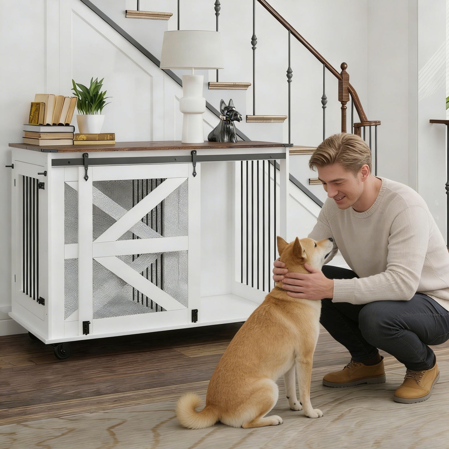 Mobile Dog Crate with Flip Top Feeding Door, Dual Access & 5 Caster System