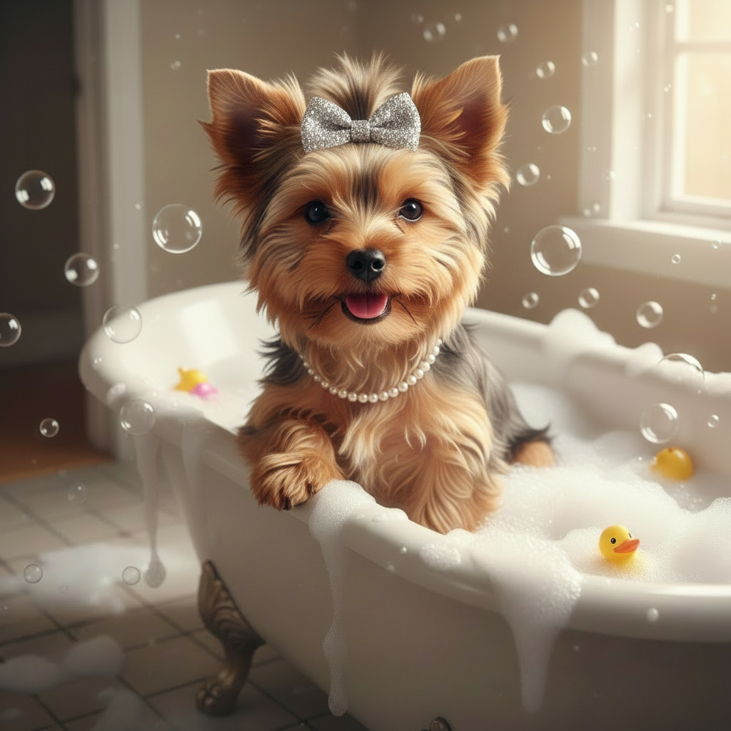 Glamorous Yorkie Puppy in Bathtub