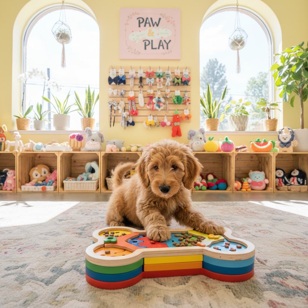 Puppy playing with a puzzle
